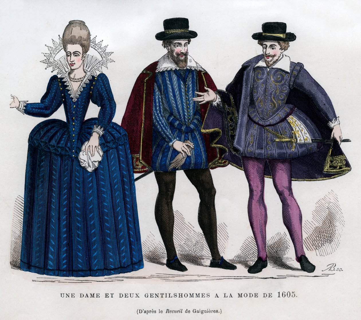 Dáma a dva pánové ve francouzských šatech z let 1605 1882-1884 od Unbekannt