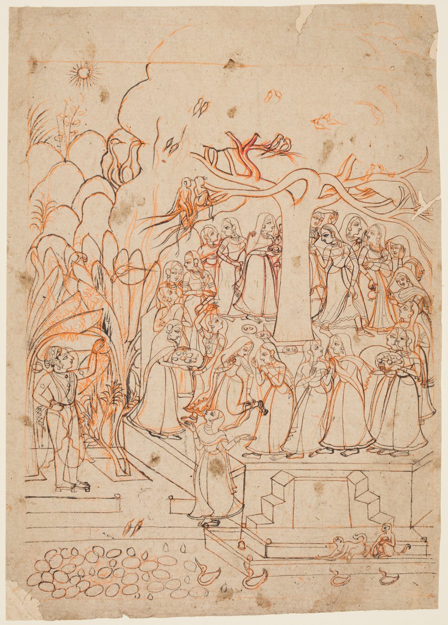 List ze série Baramasa: měsíc Jyestha květen-červen, Krišna sleduje Gopíe..., c. 1760. od Unbekannt
