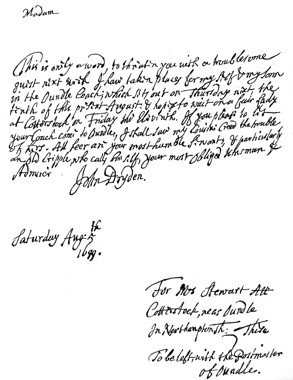 Dopis napsaný Johnem Drydenem 1631-12700, anglickým básníkem, 1699 1840 od Unbekannt