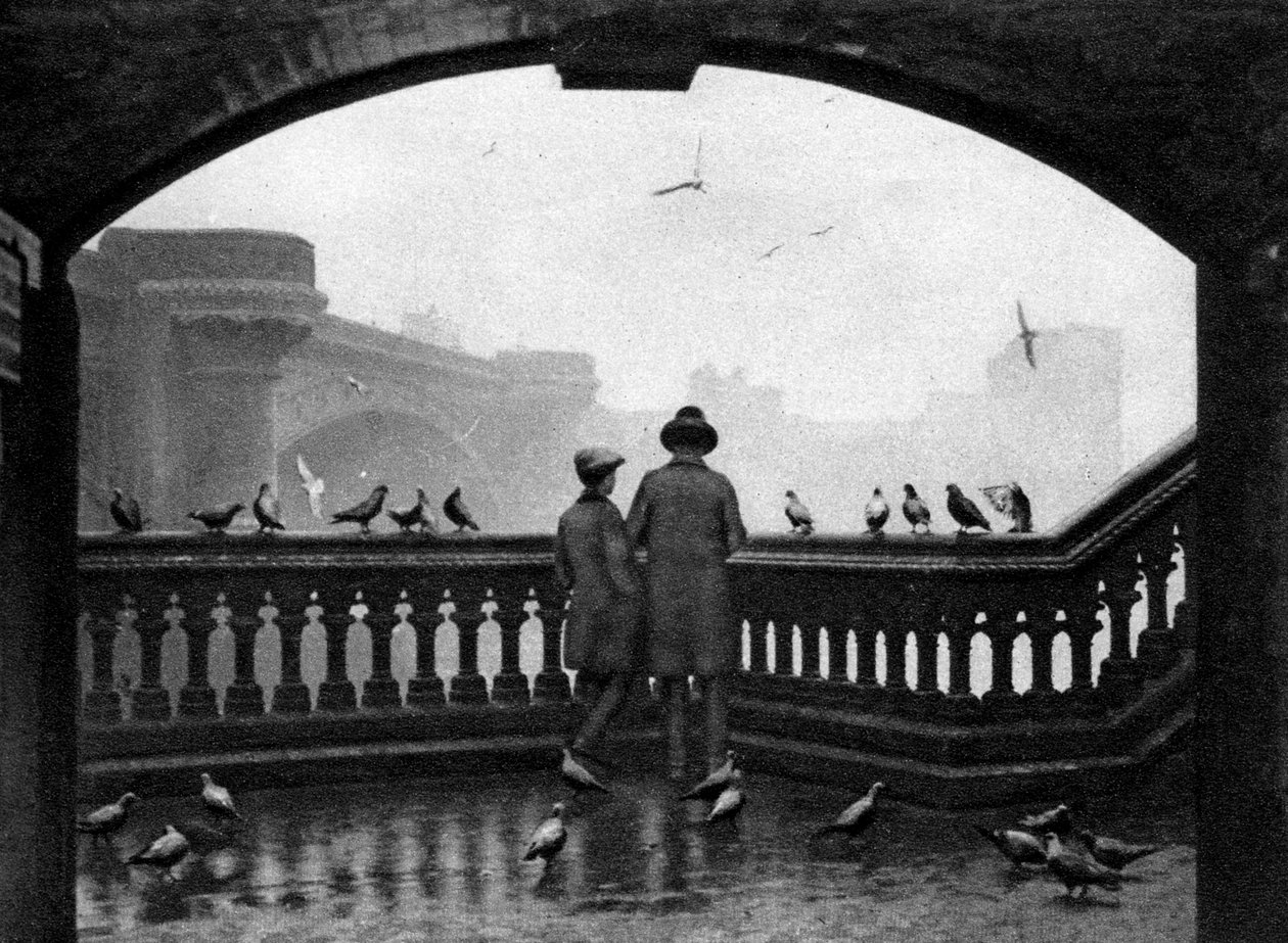 Muž a chlapec krmící ptáky u Blackfriars Bridge, Londýn, 1926-1927 od Unbekannt