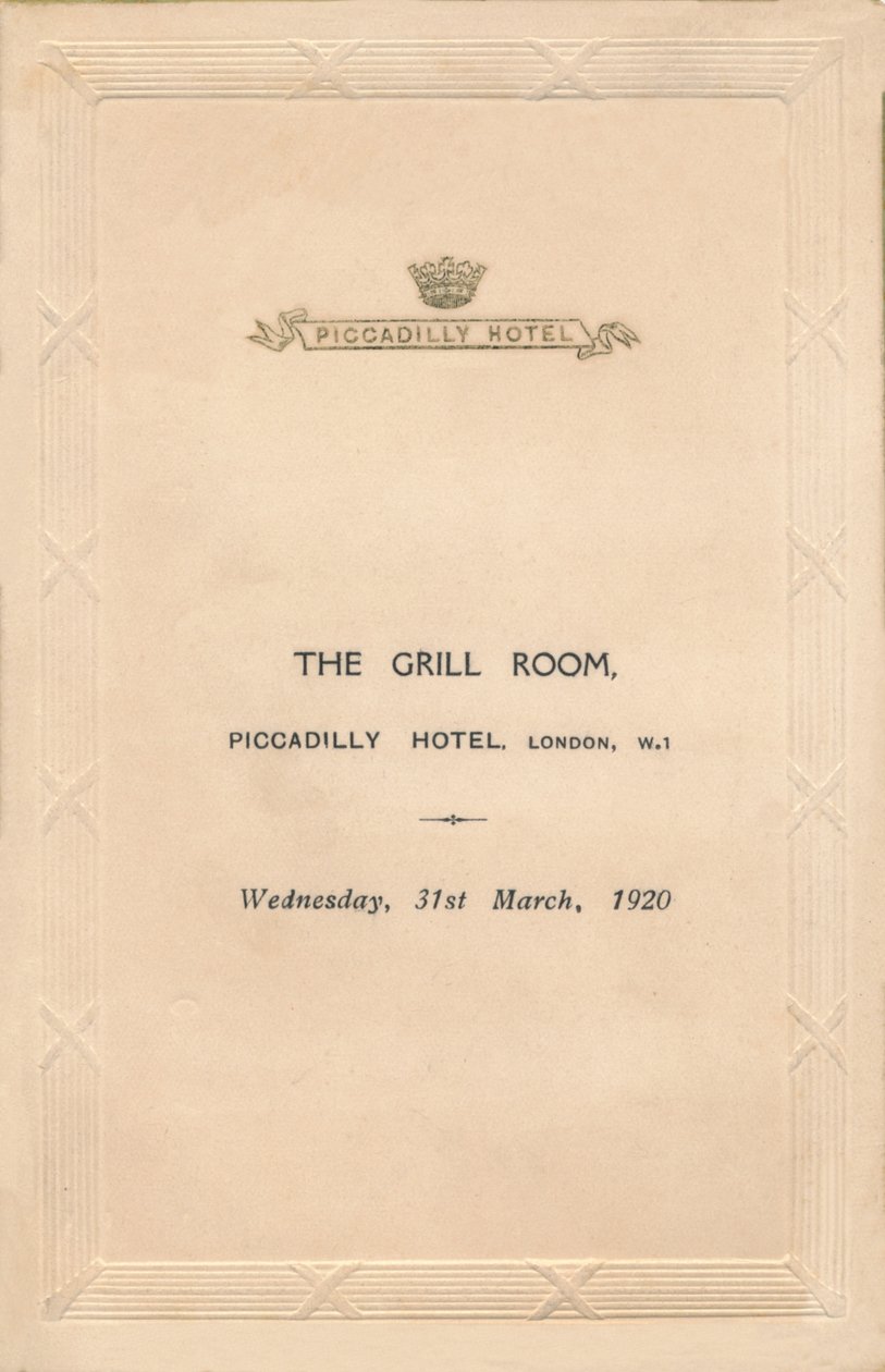 Menu pro The Grill Room v hotelu Piccadilly, Londýn, 1920 od Unbekannt