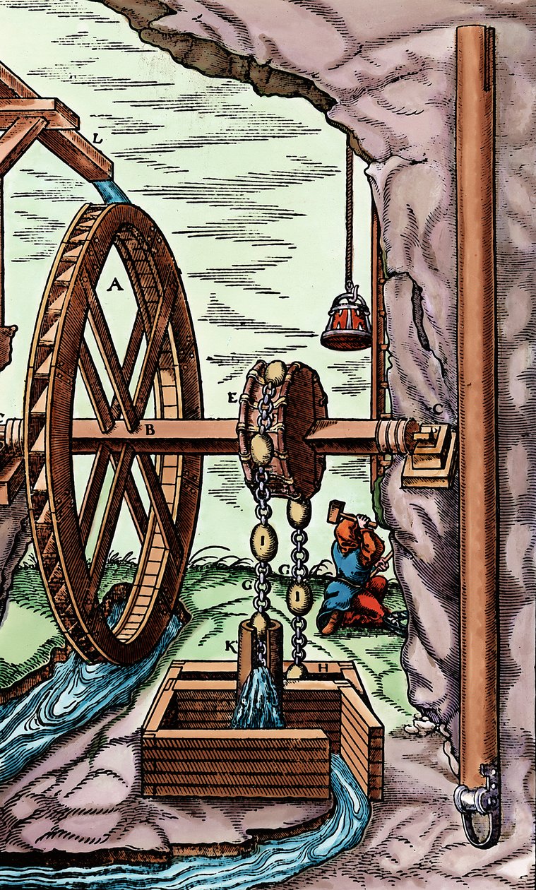 Důl vypouštěný hadrovým čerpadlem poháněným vodním kolem, 1556 od Unbekannt
