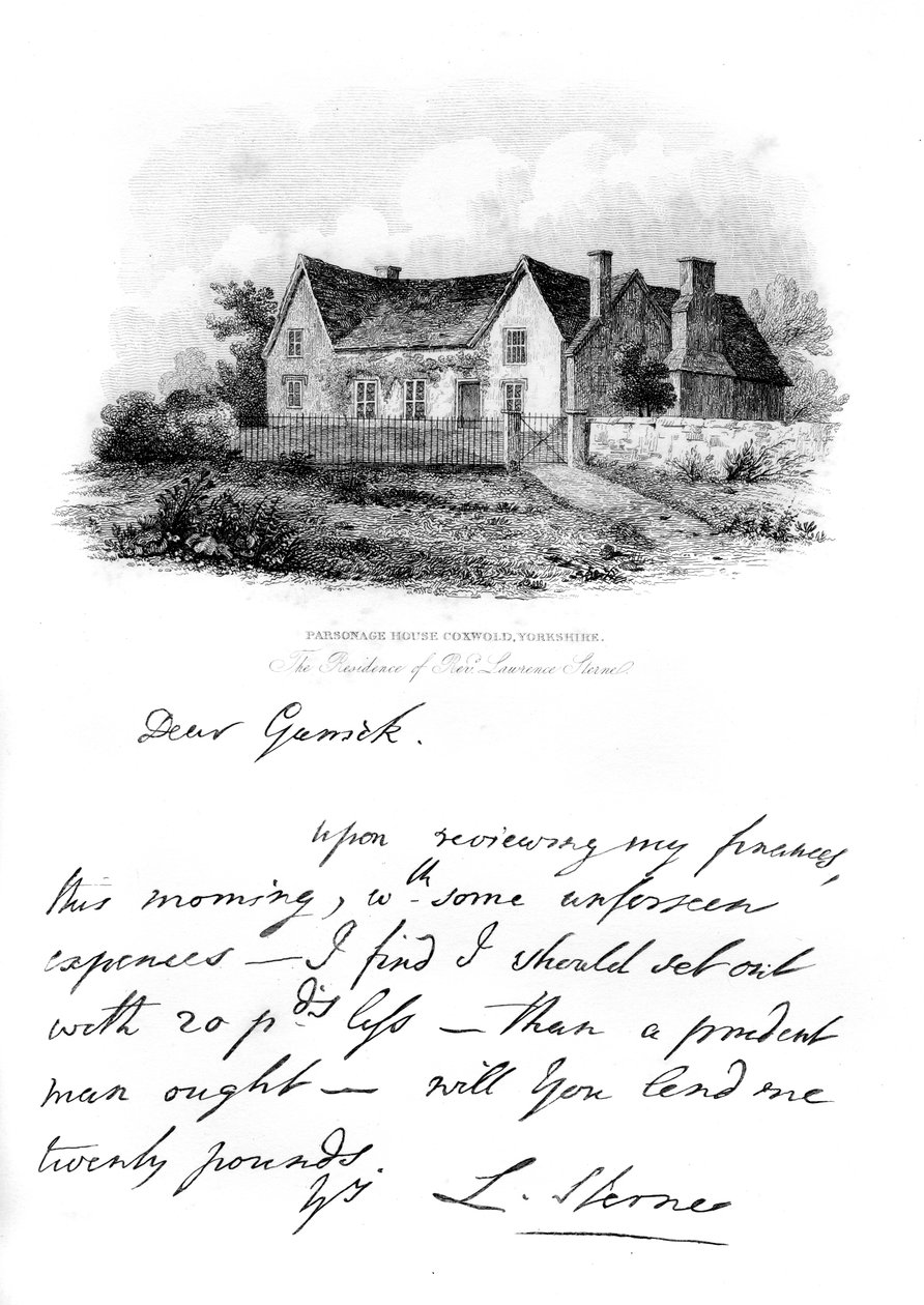 Poznámka od Sterna Garrickovi a pohled na Sternův dům v Yorkshire, 18. století, 1840 od Unbekannt