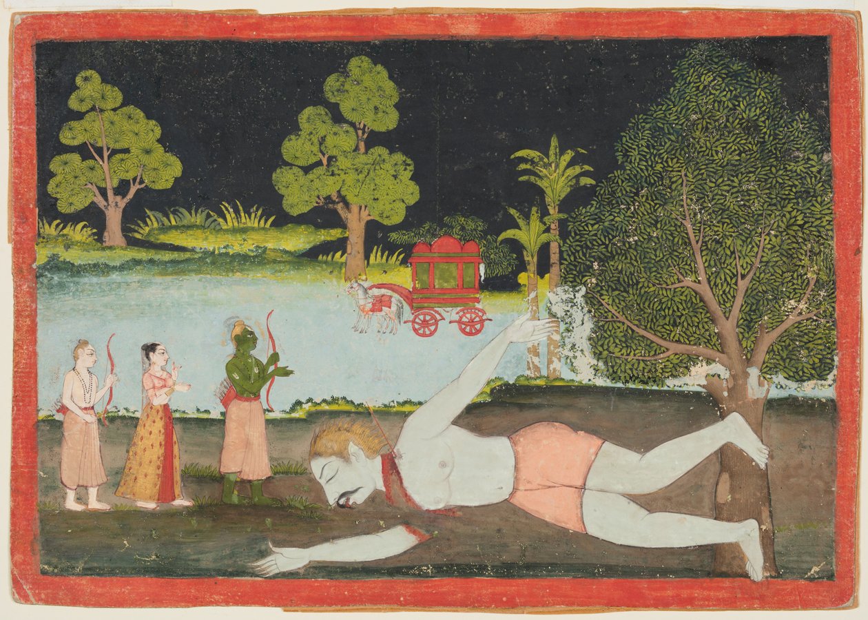 Stránka z Rámájany: Ráma, Lakšman a Síta před zabitým obrem, c. 1770. od Unbekannt