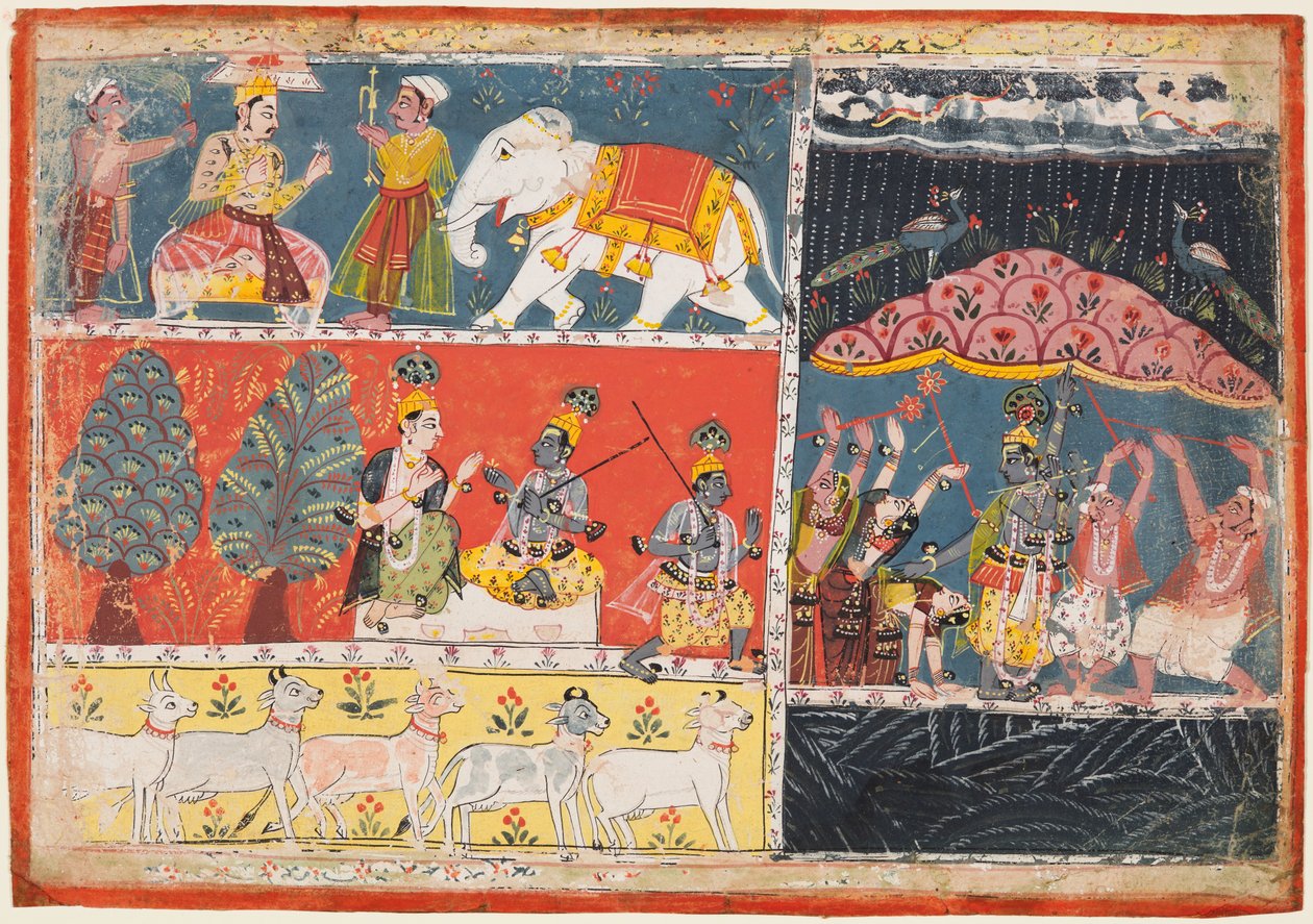 Stránka z Bhágavata Purány: Indra posílá proud deště, Krišna zvedá horu Govardhana, 1686. od Unbekannt