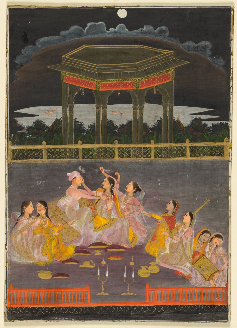 Princ slavící Holi s palácovými ženami v noci na terase, c. 1760. od Unbekannt