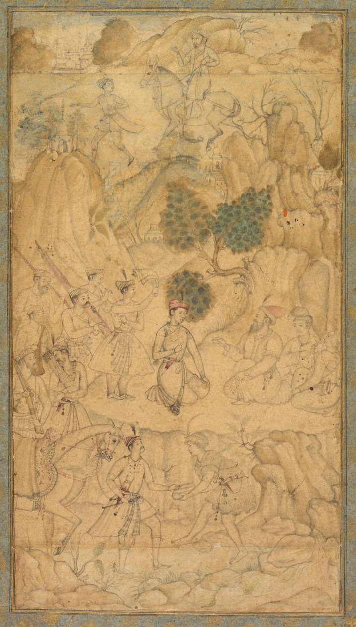 Princ na návštěvě svatého muže ve skalnaté krajině, c. 1590. od Unbekannt