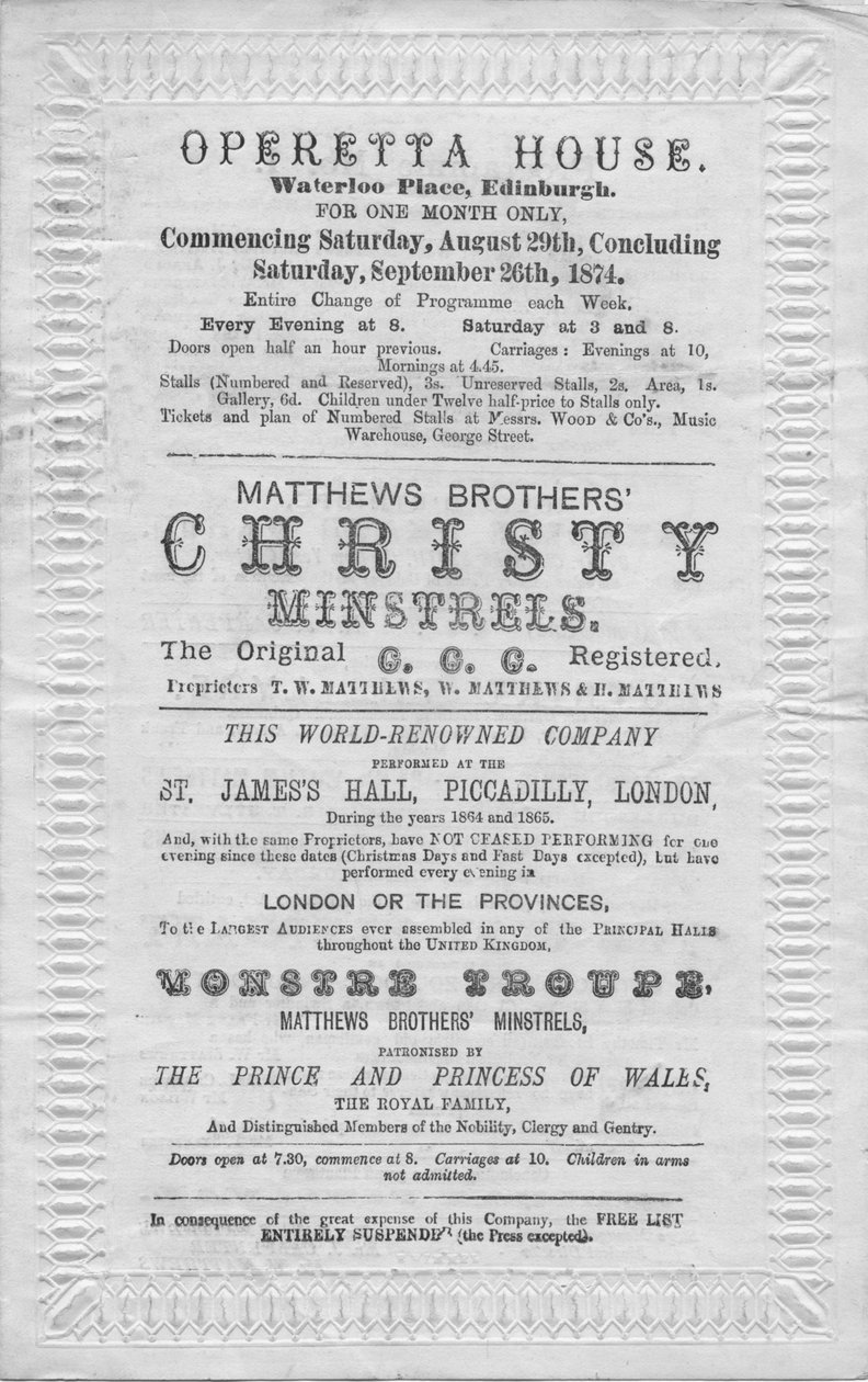 Program akcí, které se mají konat v Operetta House, Waterloo Place, Edinburgh, 1874 od Unbekannt