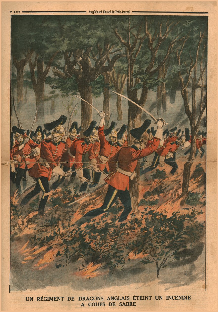 Pluk anglických dragounů hasí oheň ranami šavlí, 1914. od Unbekannt