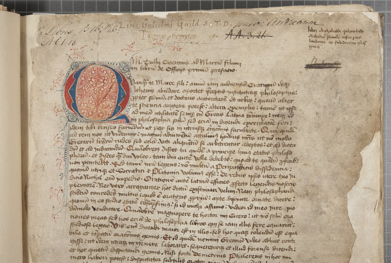 Přepis filozofických děl Marca Tullia Cicera ve třech rukou, zdánlivě převzatý z vydání romana z roku 1471, s margináliemi v ruce Archibalda Whitelawa a dalších, kolem roku 1480 (inkoust na pergamenu) od Unbekannt