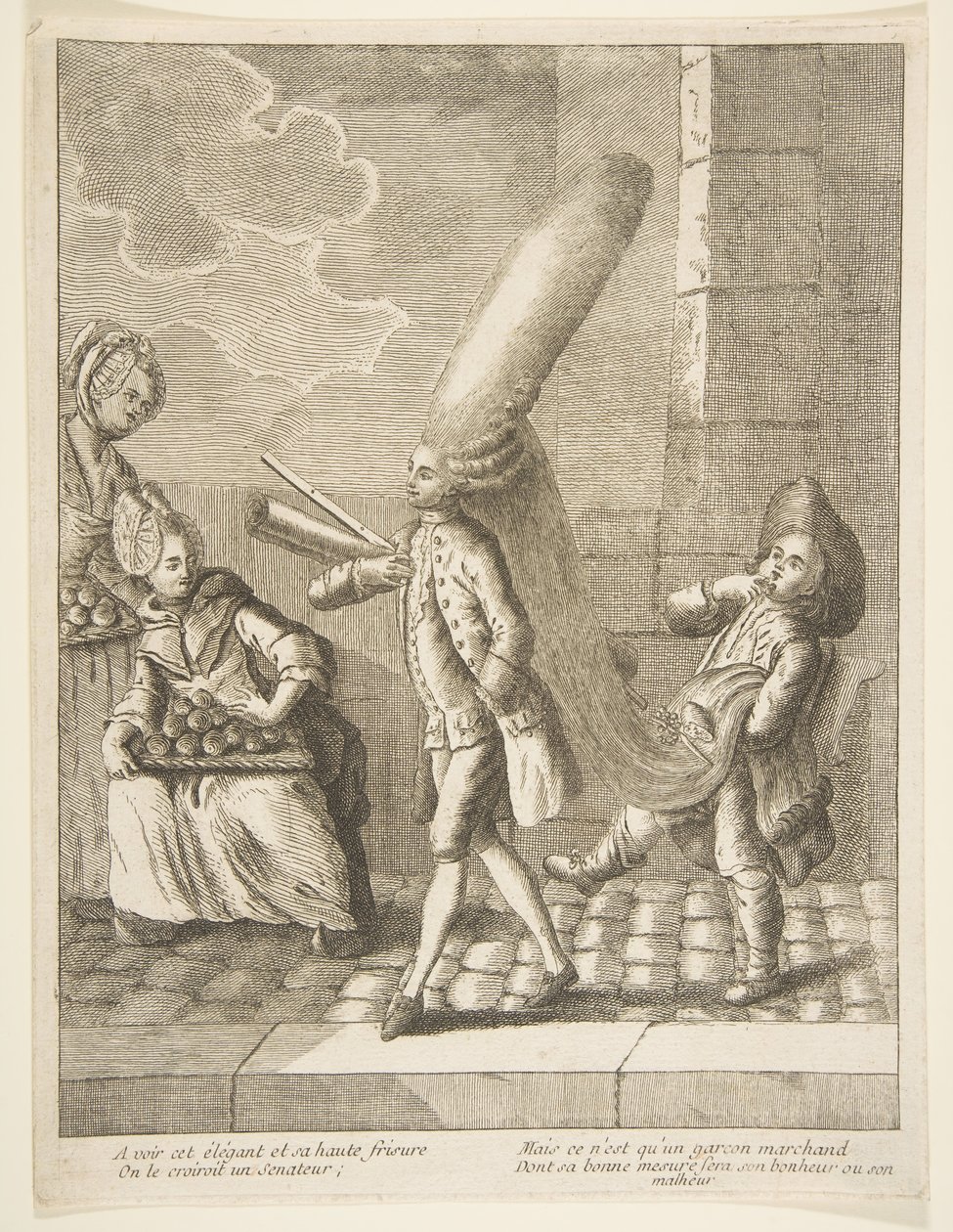 Chcete-li vidět jeho elegantní det a jeho vysoké kadeře, mysleli byste si, že je senátor, ale je to jen..., 1720-75. od Unbekannt