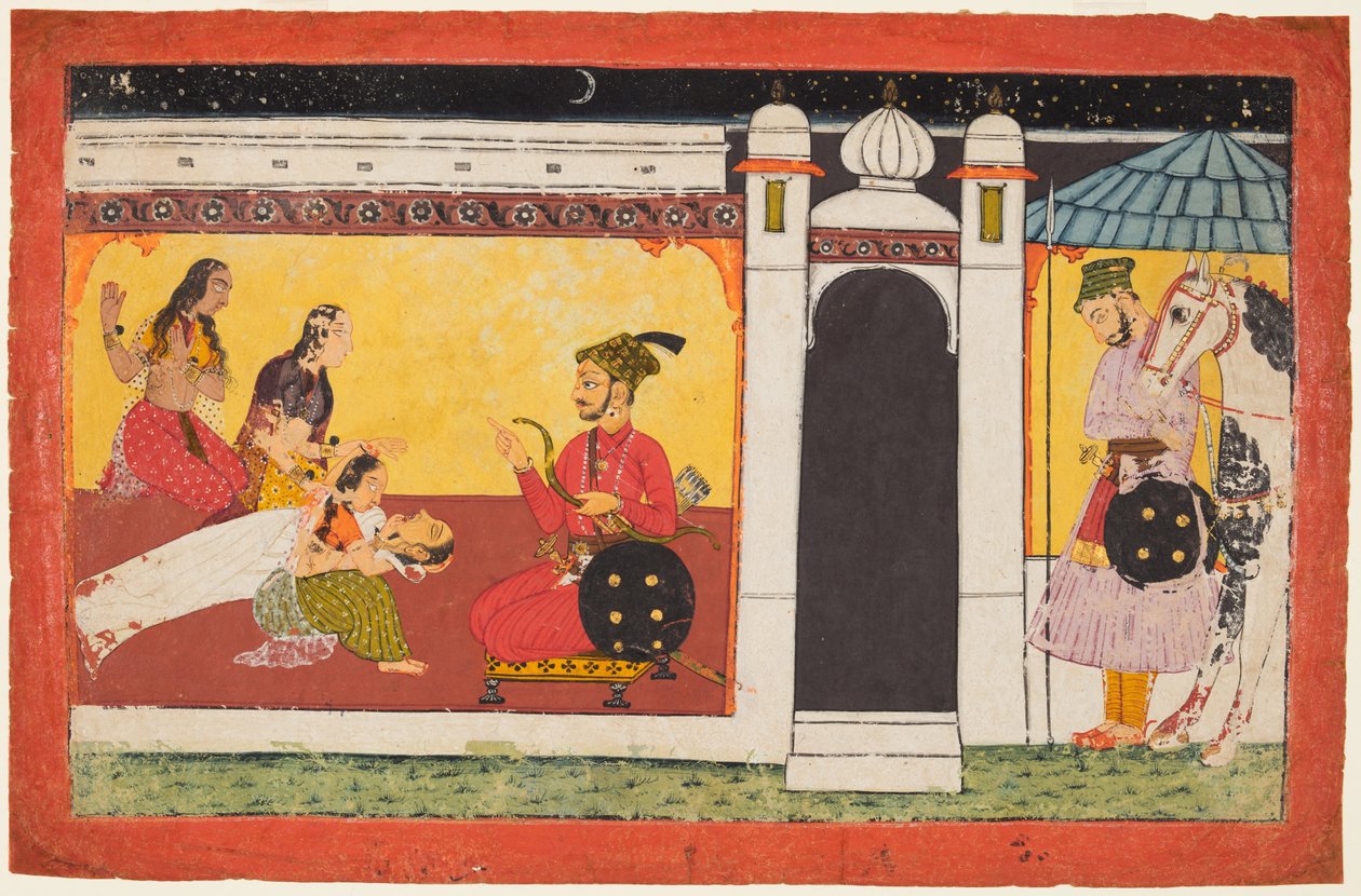 Žena omdlí před princem, noční scéna ze série Madhavanala Kamakandala, c. 1700. od Unbekannt