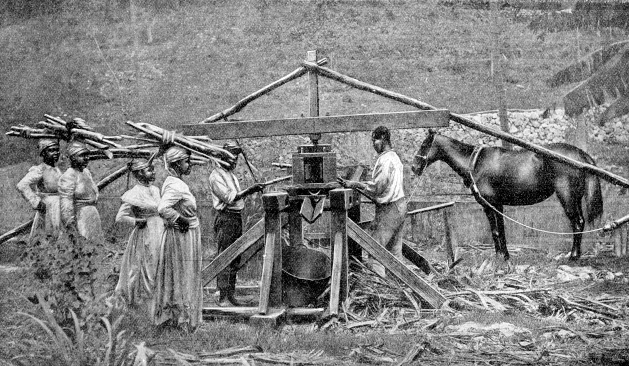Dřevěný mlýn na drcení cukrové třtiny poháněný koňmi, Západní Indie, 1922 od Unbekannt