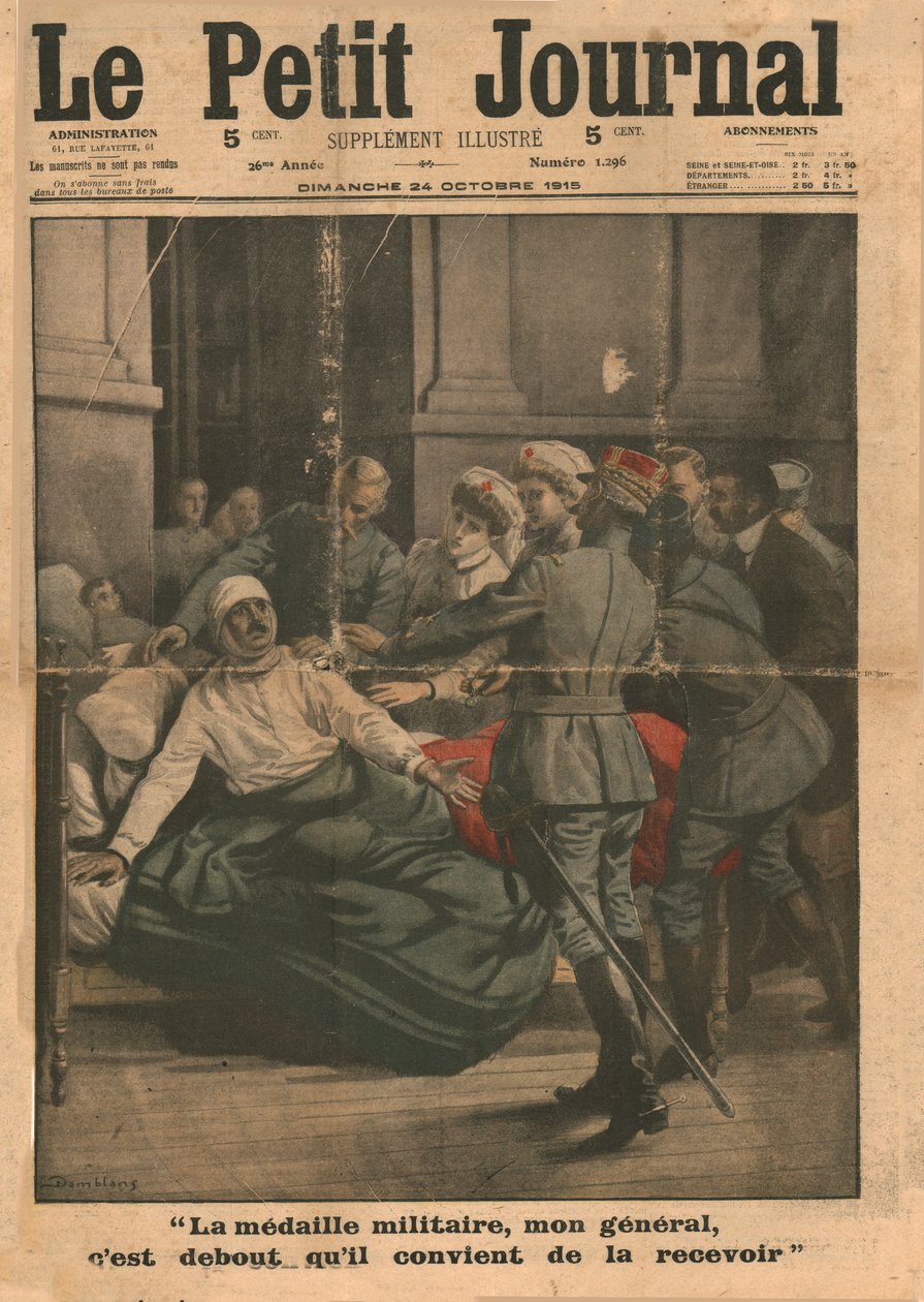 Zraněný muž se pokouší vstát, aby převzal medaili, 1915. od Unbekannt
