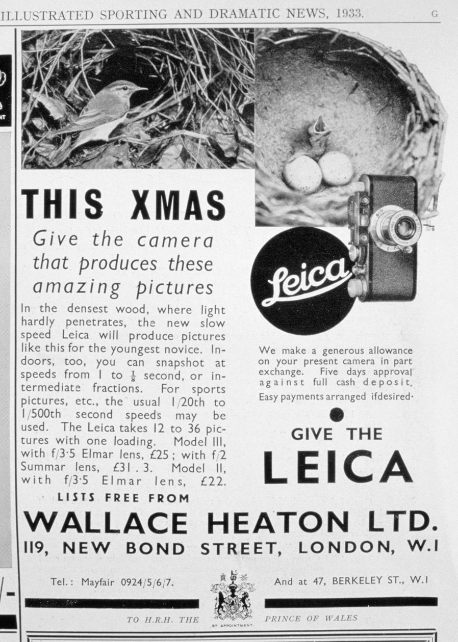 Reklama na fotoaparáty Leica prodávané společností Wallace Heaton Ltd, New Bond Street, Londýn, 1933 od Unbekannt