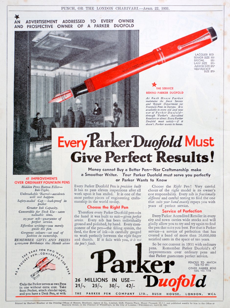 Reklama na pera Parker, 1931 od Unbekannt