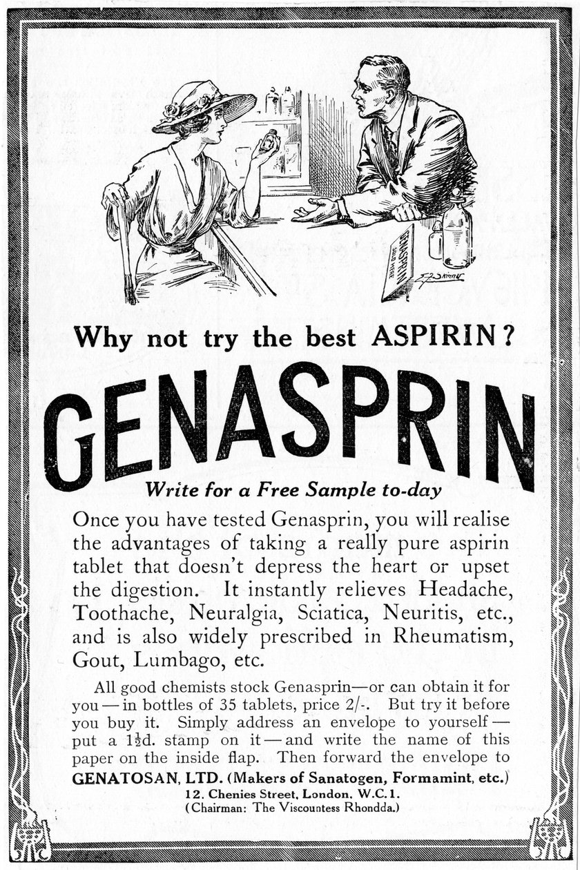 Reklama na Genasprin, proprietární značku léku Aspirin. 1919 od Unbekannt