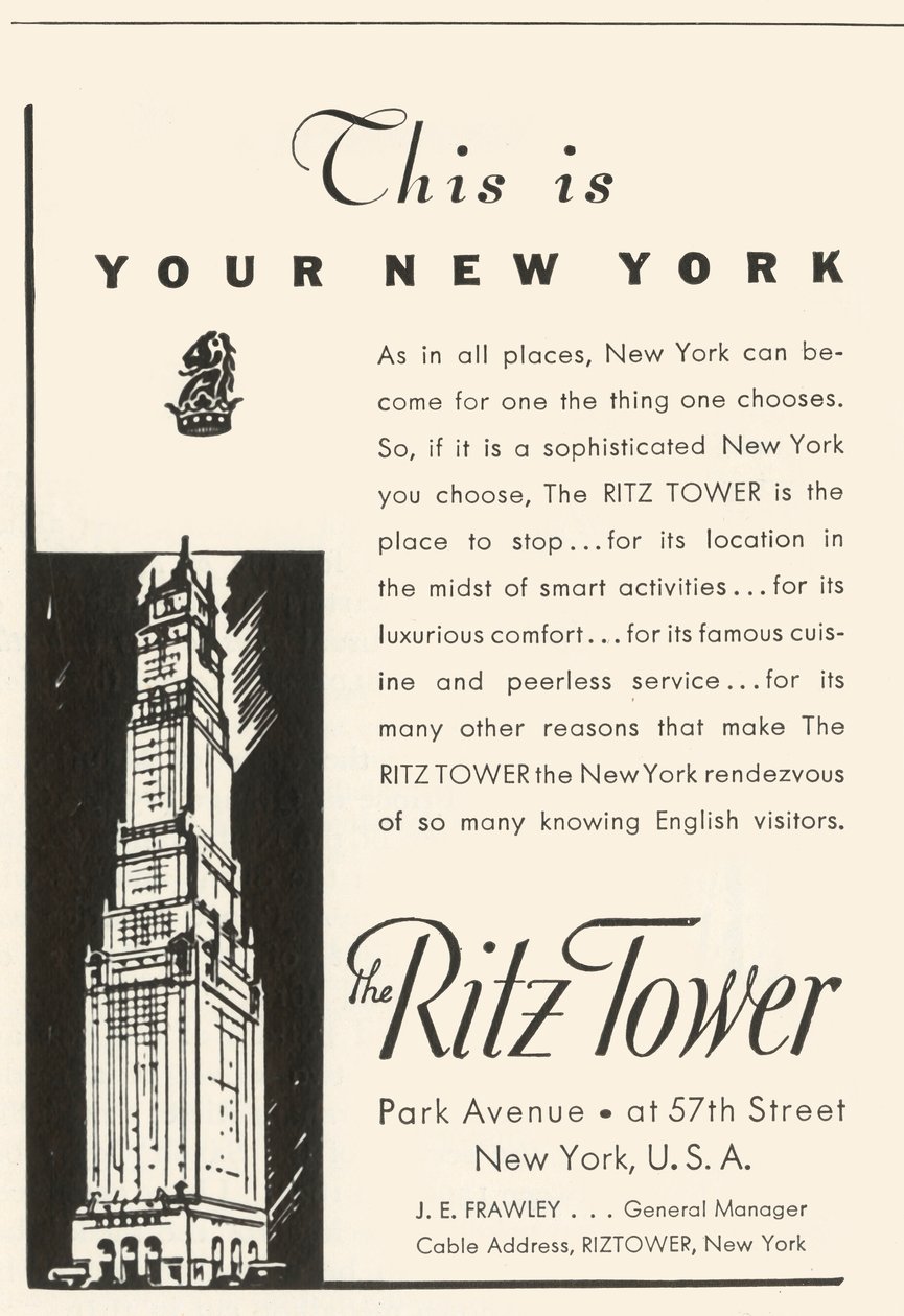 Reklama na hotel Ritz Tower v New Yorku, 1934. od Unbekannt