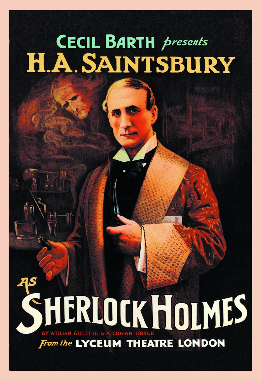 Titulek divadla "Sherlock Holmes" od Williama Hookera Gillette (1853-1937) a Arthur Conan Doyle (1859-1930): "Cecil Barth představuje H A Saintsbury (Harry Arthur Saintsbury 1869-1939) jako Sherlocka Holmese" au Ly Divadlo v Londýně v roce 1903 od Unbekannt