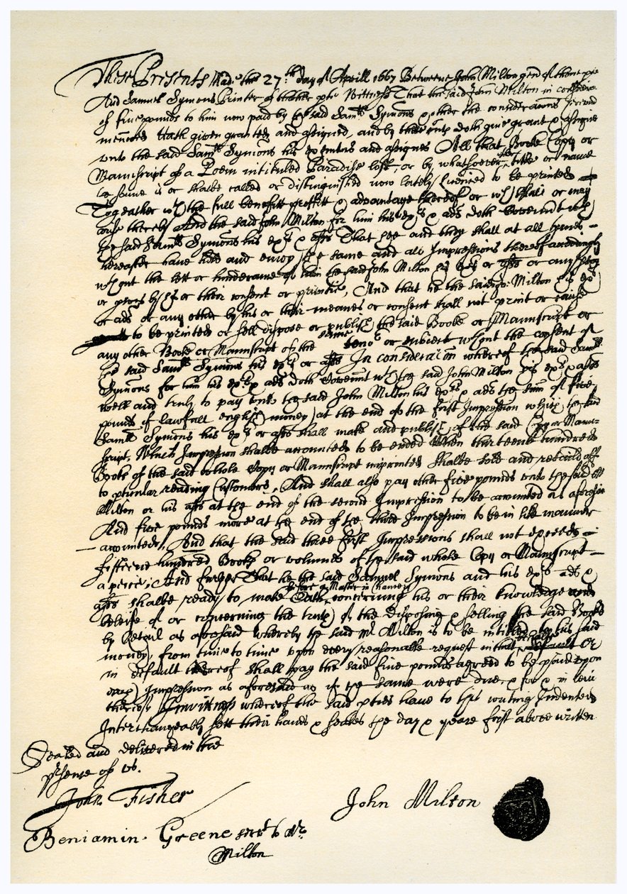 Dohoda mezi Johnem Milltonem a Samuelem Symonsem, 27. dubna 1667 od Unbekannt