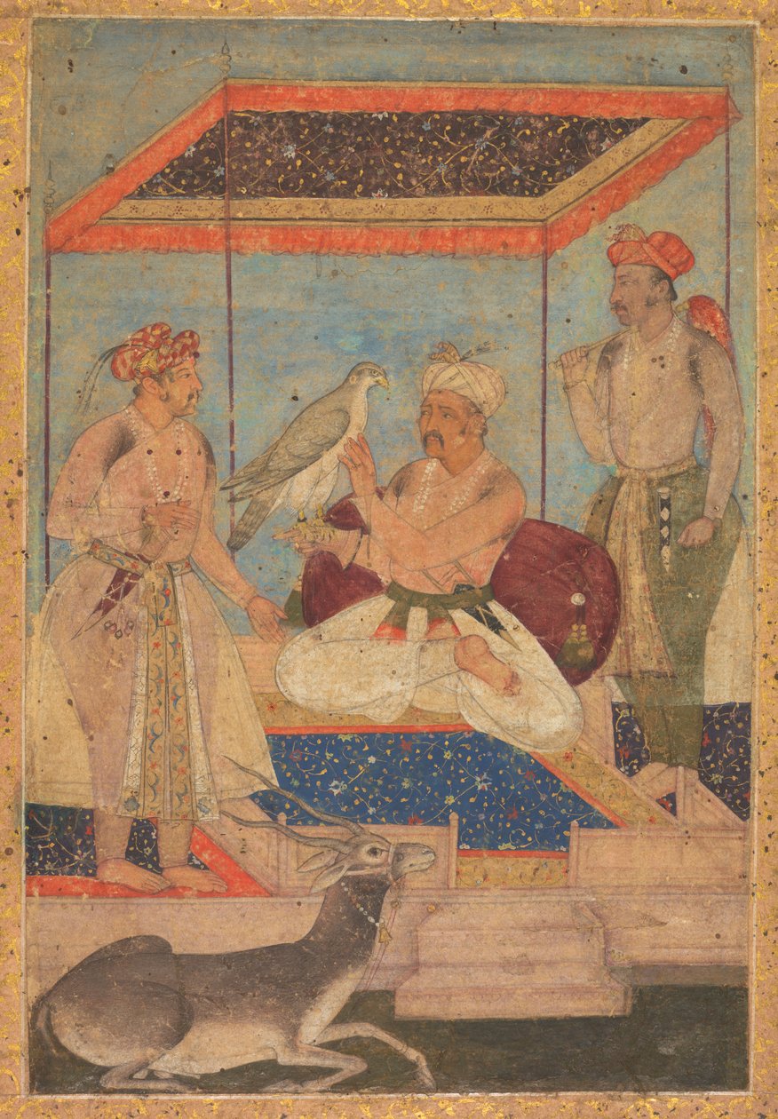 Akbar a Jahangir zkoumají sokola Ghira, zatímco princ Khusrau stojí vzadu, c. 1602-1604. od Unbekannt