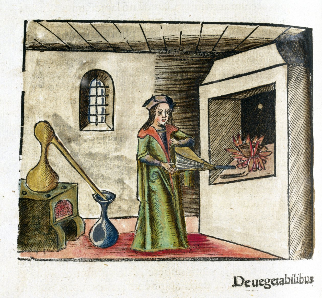 Alchimie 16e siecle: un alchimiste au travail, activant un soufflet devant la cheminee de son atelier, derriere lui, un poele et un alambic od Unbekannt