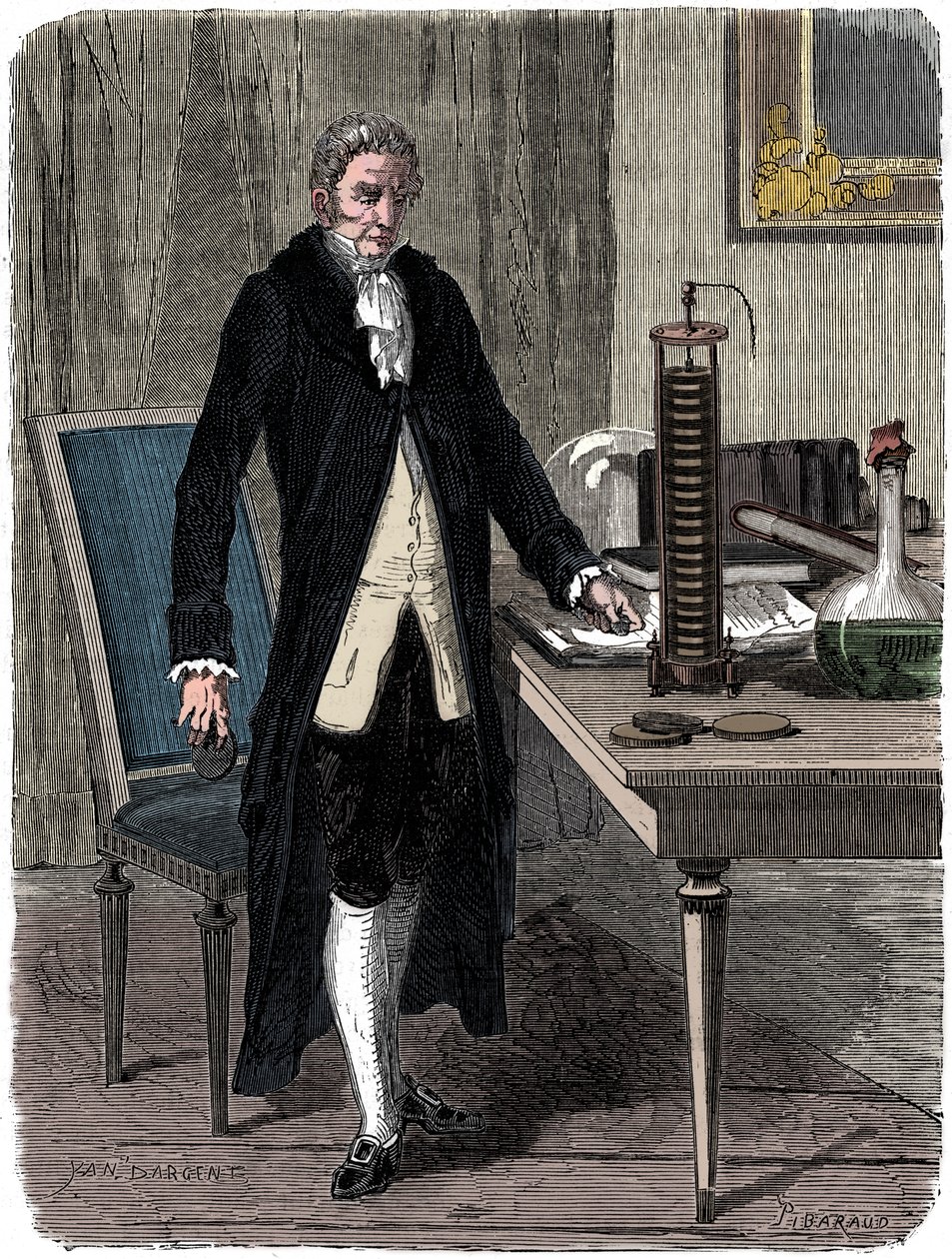 Alessandro Volta, italský fyzik, předvádí svou elektrickou baterii, c1800 c1870 od Unbekannt