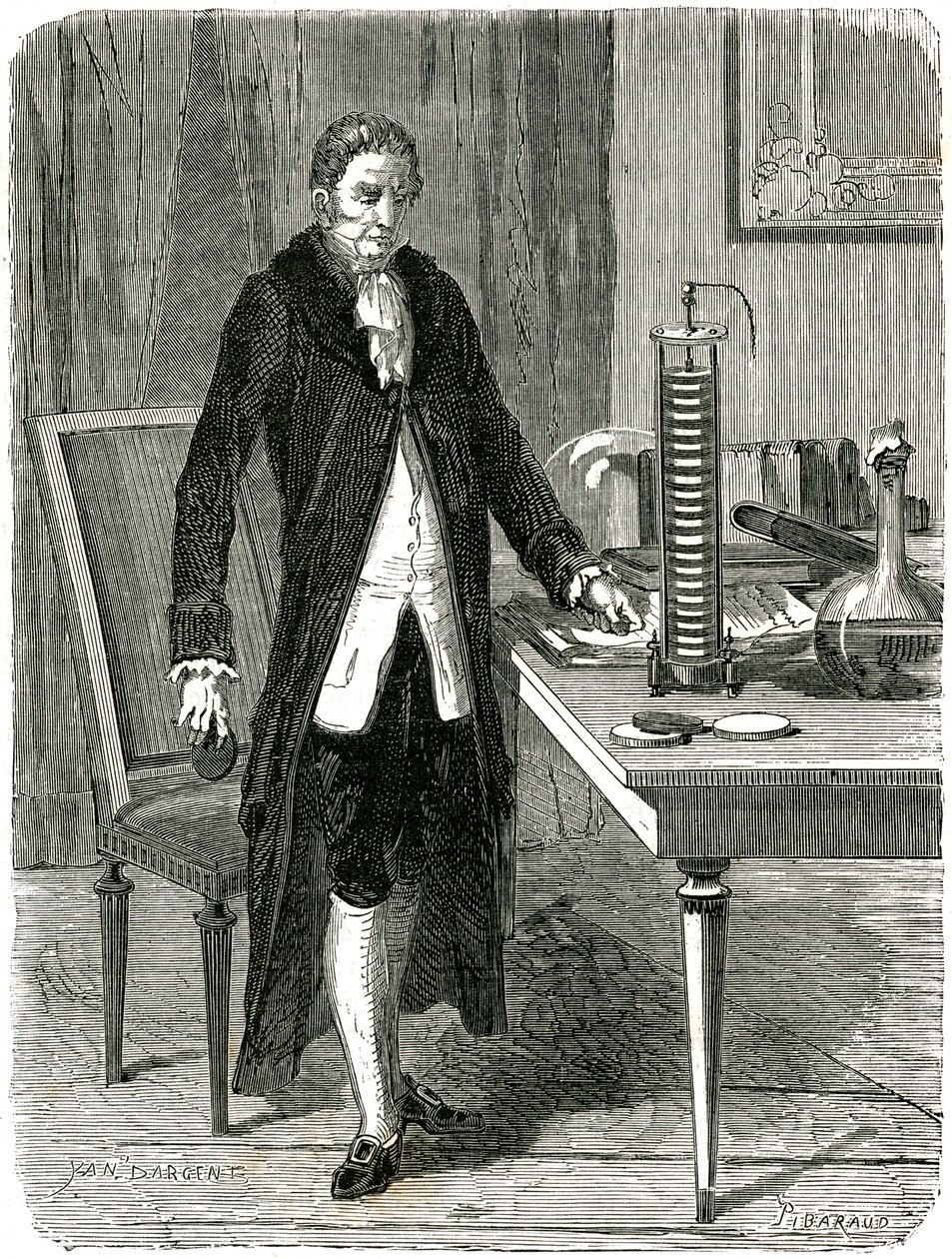 Alessandro Volta, italský fyzik, předvádí svou elektrickou baterii, c1800 c1870 od Unbekannt