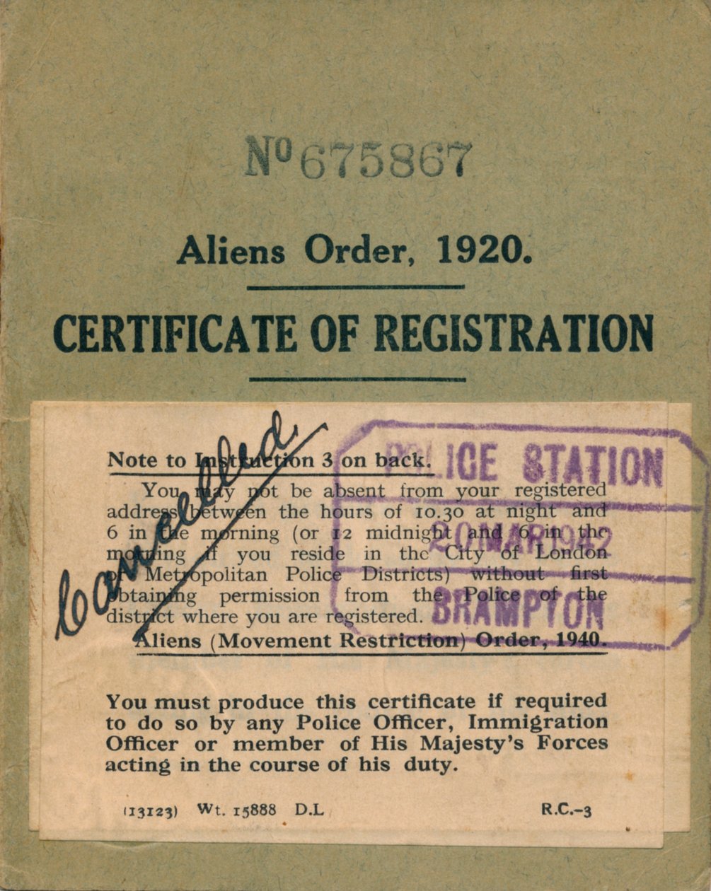 Cizinecký řád, osvědčení o registraci, 1920 od Unbekannt