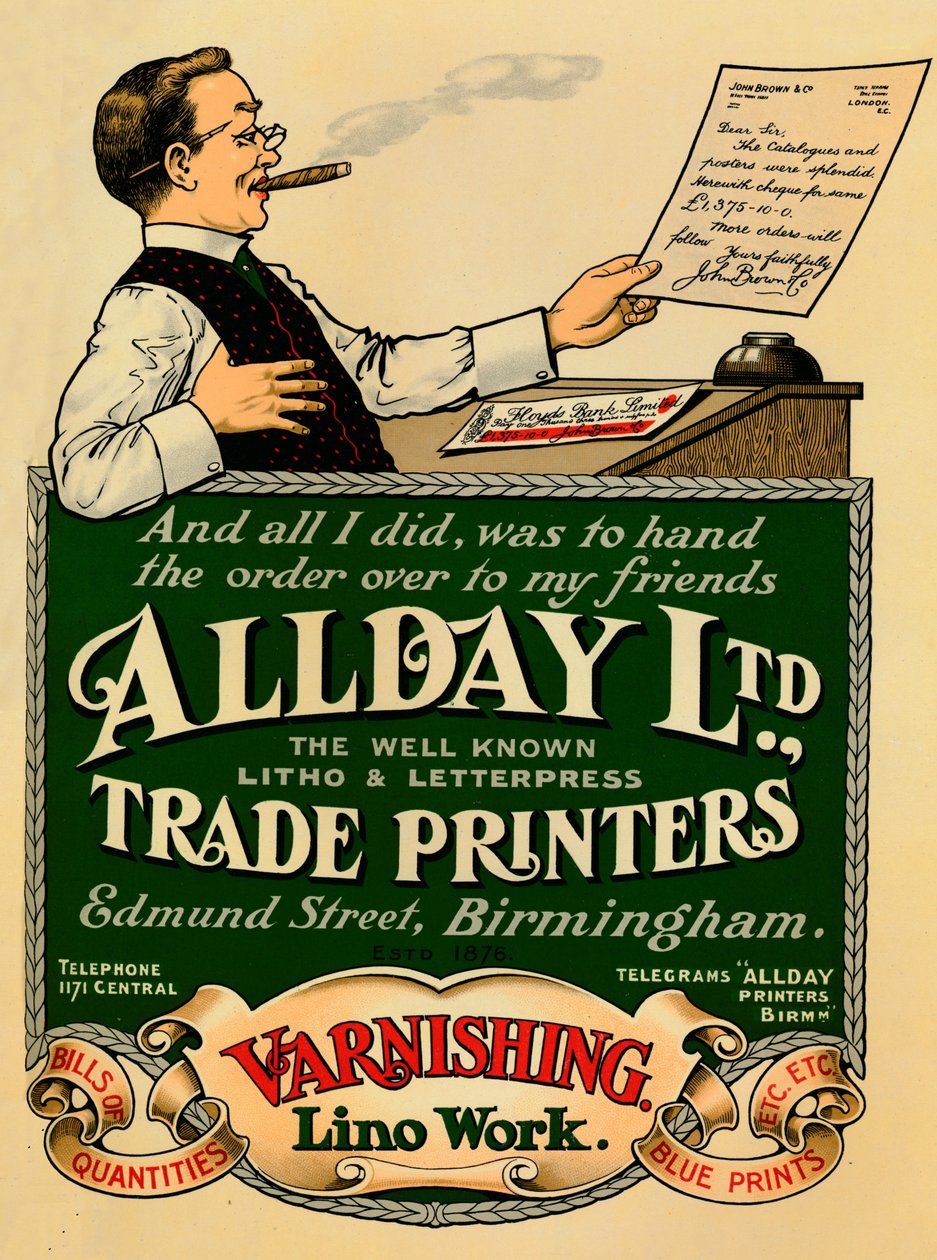Allday Ltd., Trade Printers advertising, 1910 od Unbekannt