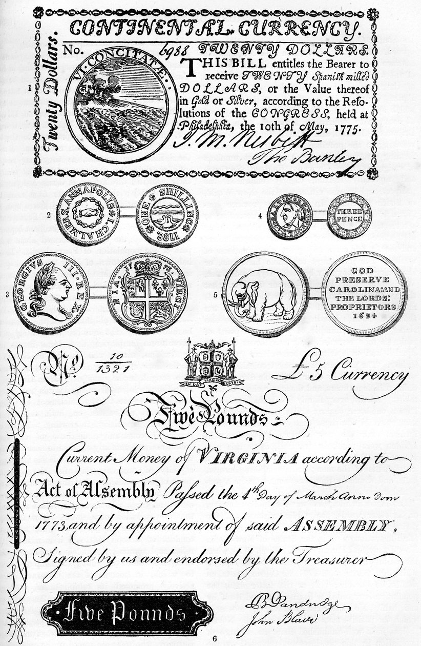 Americké mince a papírové peníze, 17.-18. století c1880 od Unbekannt
