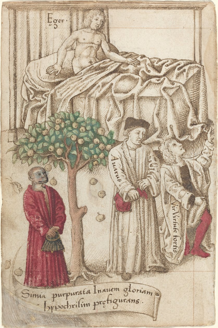 Opice ve fialové s nemocným mužem, dobrým mužem a lakomcem [fol. 36 verso], c. 15121515. od Unbekannt