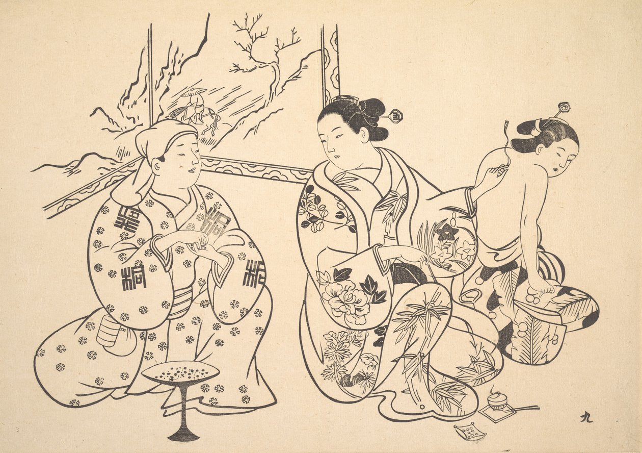 Oiran sedící v salonu aplikuje oheň na obnažená záda jiné ženy. od Unbekannt