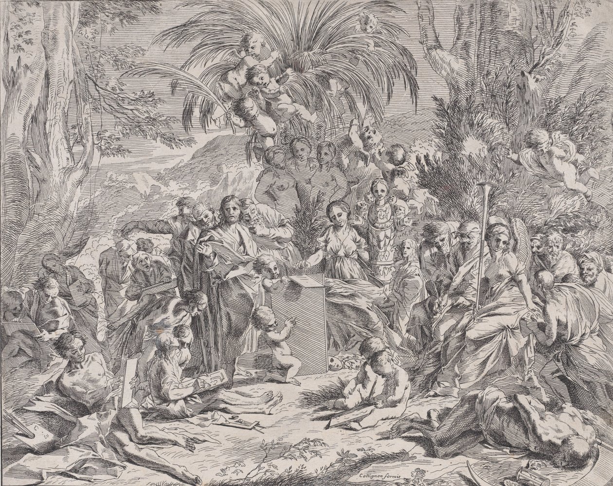 Alegorie malby, která jako dítě uprostřed vlevo kreslí na tablet, surrou..., 1650-1700. od Unbekannt