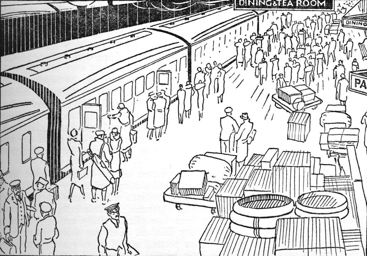 Ilustrace železniční stanice z 30. let 1937 od Unbekannt