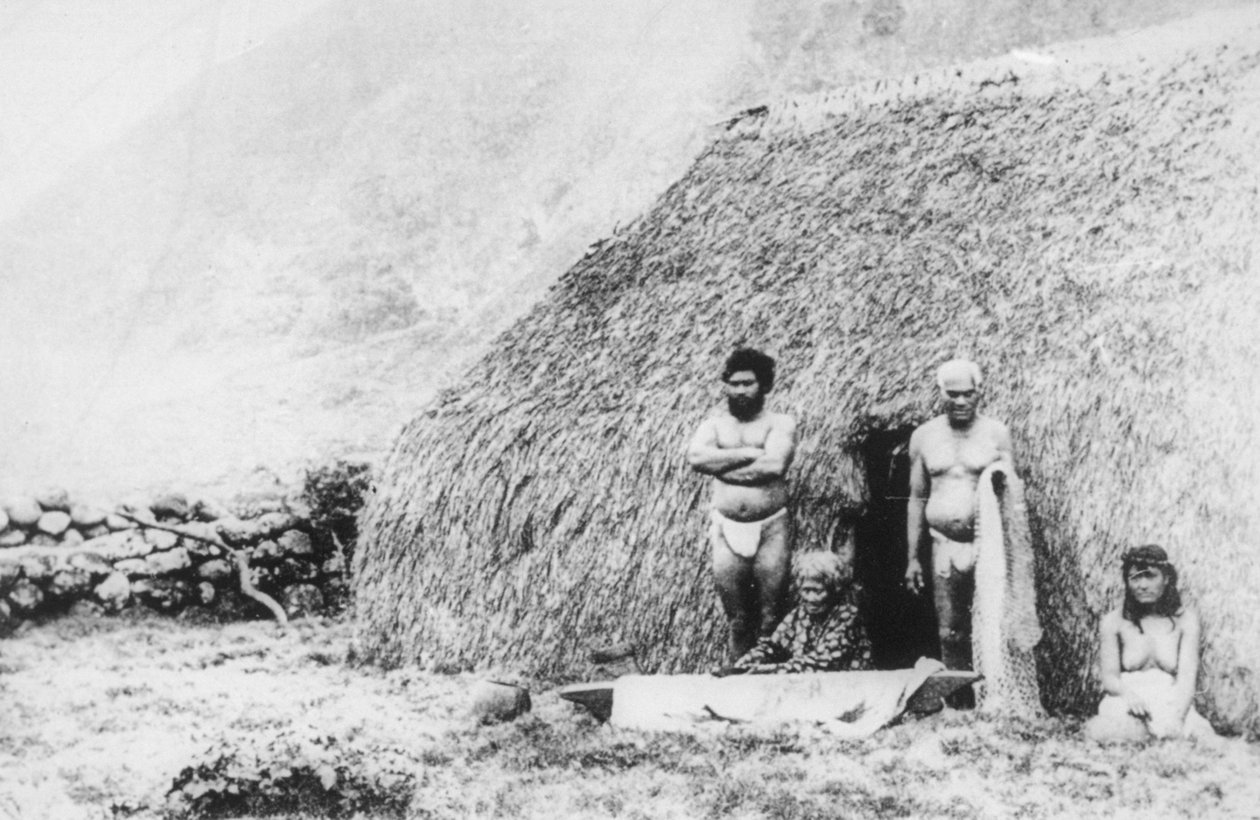 Stará žena mlátící tapa před domem z trávy pili, Kalaupapa, Havaj, 19. století od Unbekannt