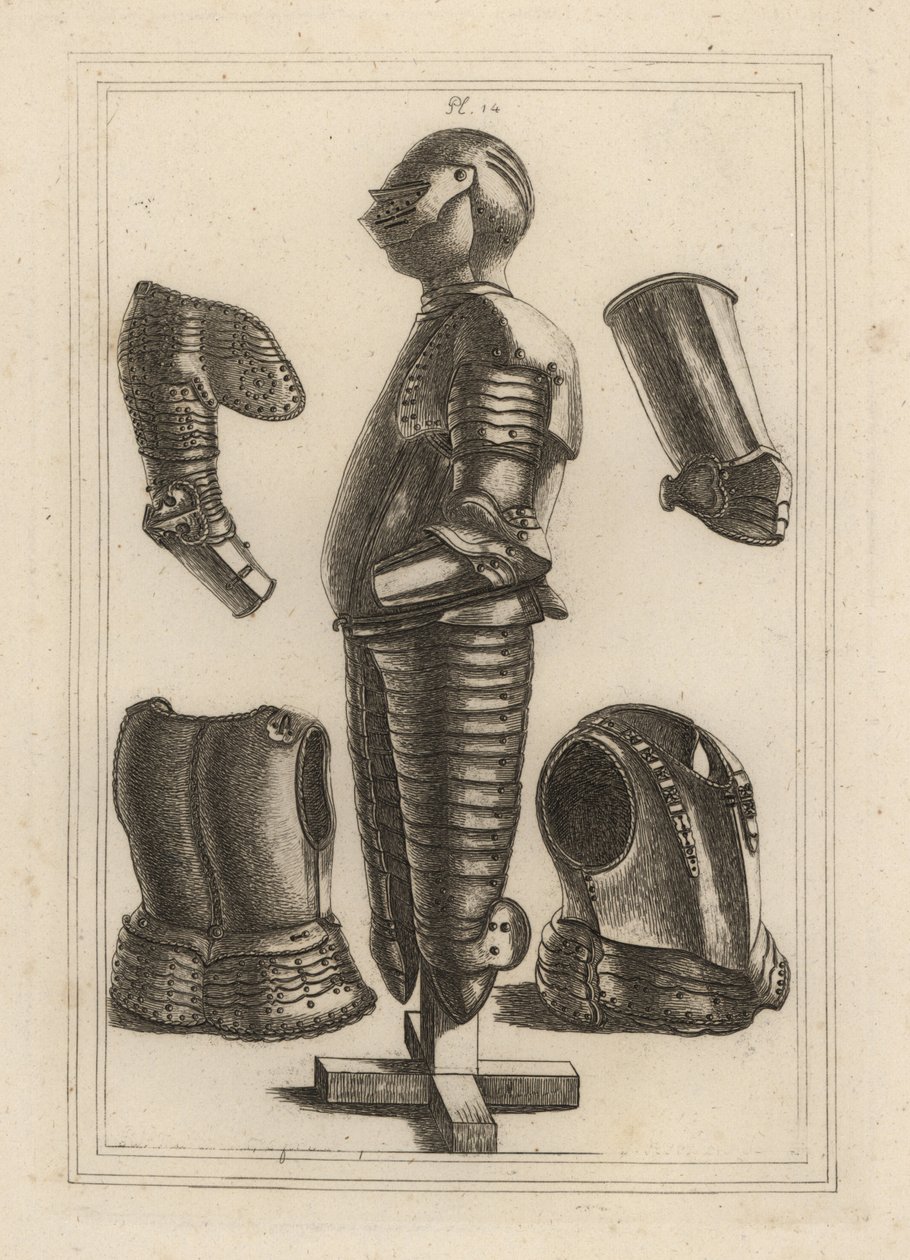 Starověký oblek světlé zbroje pro Johna de Courcy, hraběte z Ulsteru 1, a pauldron, garde-brass, avant-brass nebo vambrace vévody z Monmouthu 2 od Unbekannt