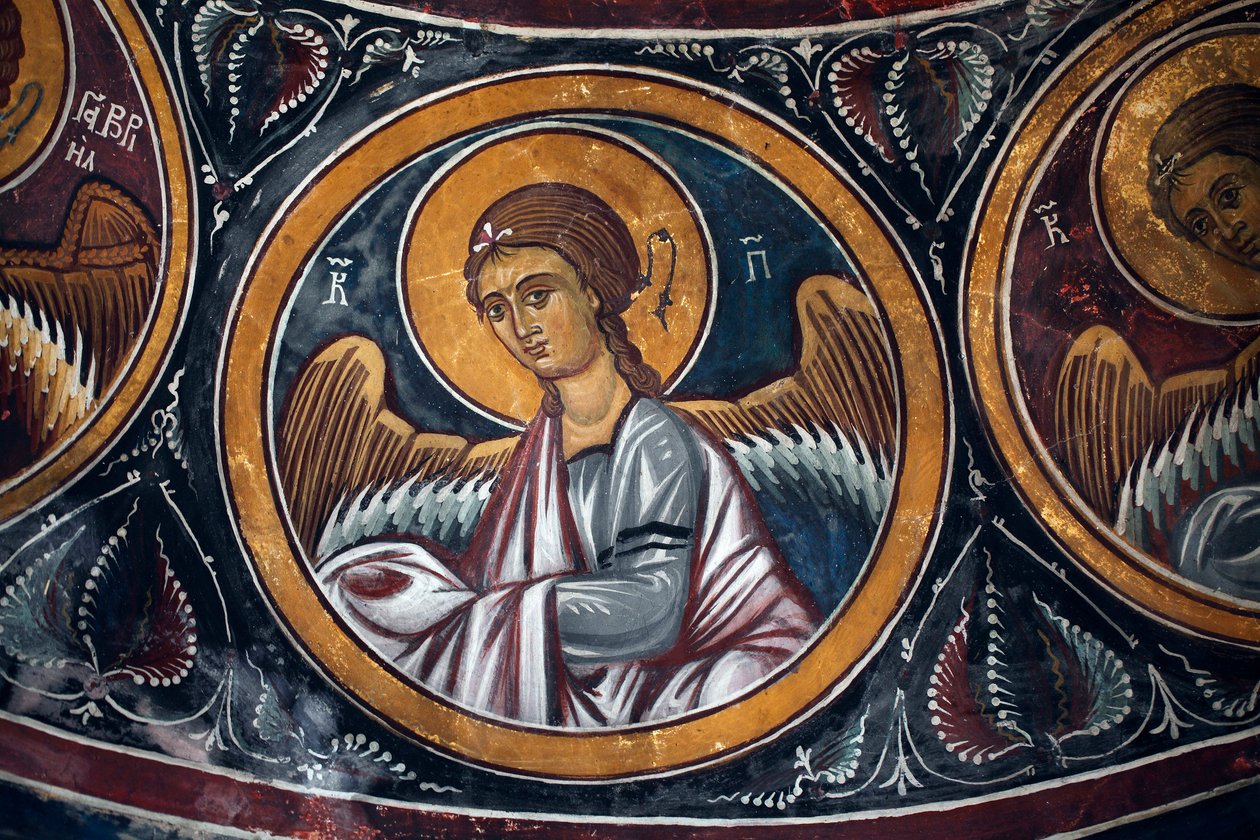 Andělský medailon kolem Krista a posledního soudu Detail byzantské fresky z narthexské klenby kostela Asinou Scéna posledního soudu 14. století (1332) UNESCO, světové kulturní dědictví region Troodos, Kypr od Unbekannt
