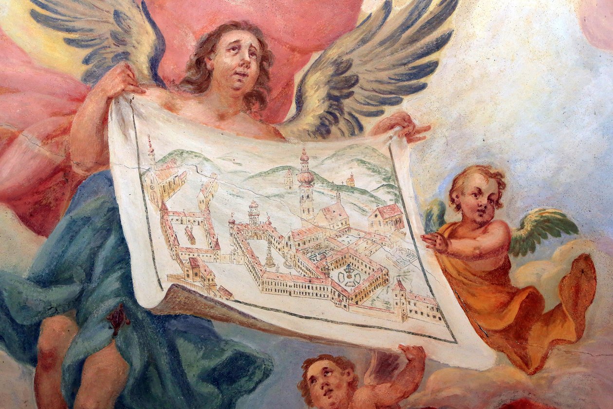 Anděl drží plán opatství Heiligenkreuz. Opatství Heiligenkreuz, Vídeň, Rakousko od Unbekannt