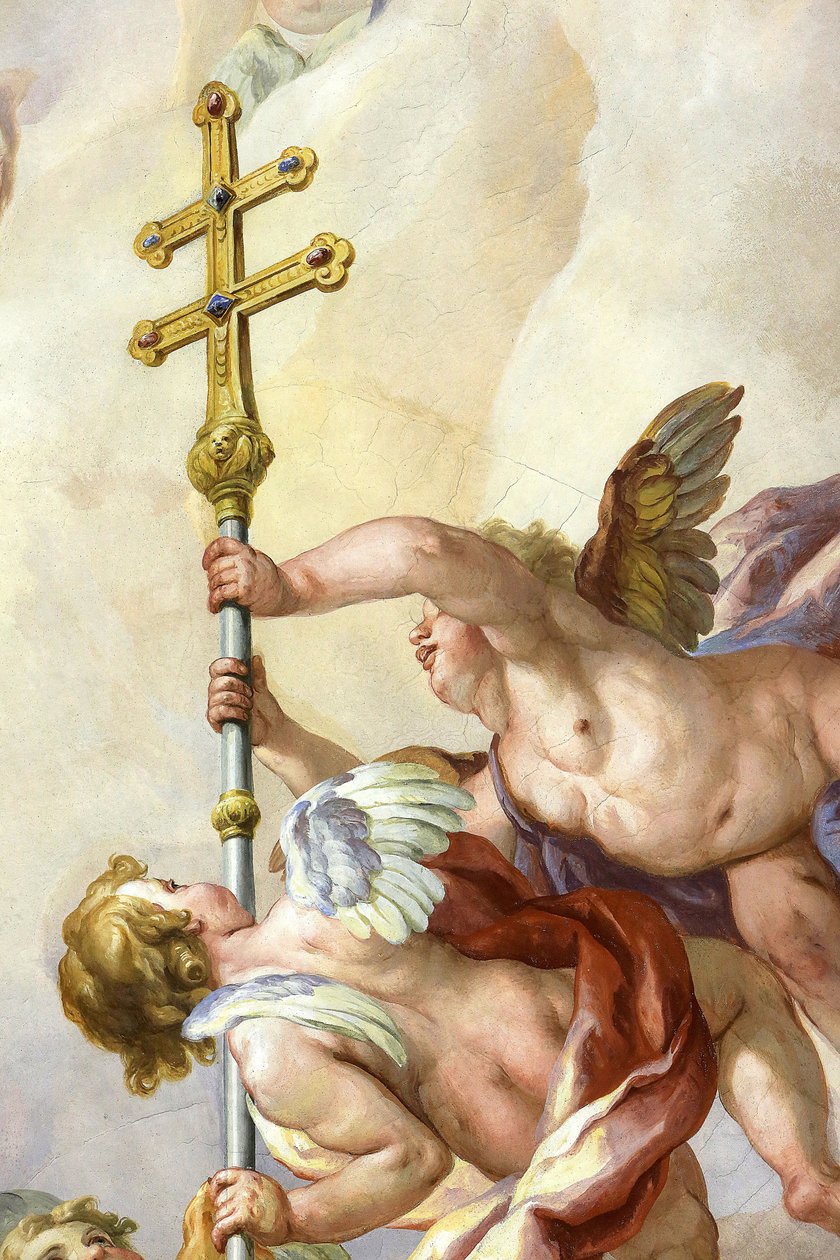 Andělé drží kříž. Freska od Johanna Michaela Rottmayrra. Karlskirche. Kostel svatého Karla, Vídeň, Rakousko od Unbekannt