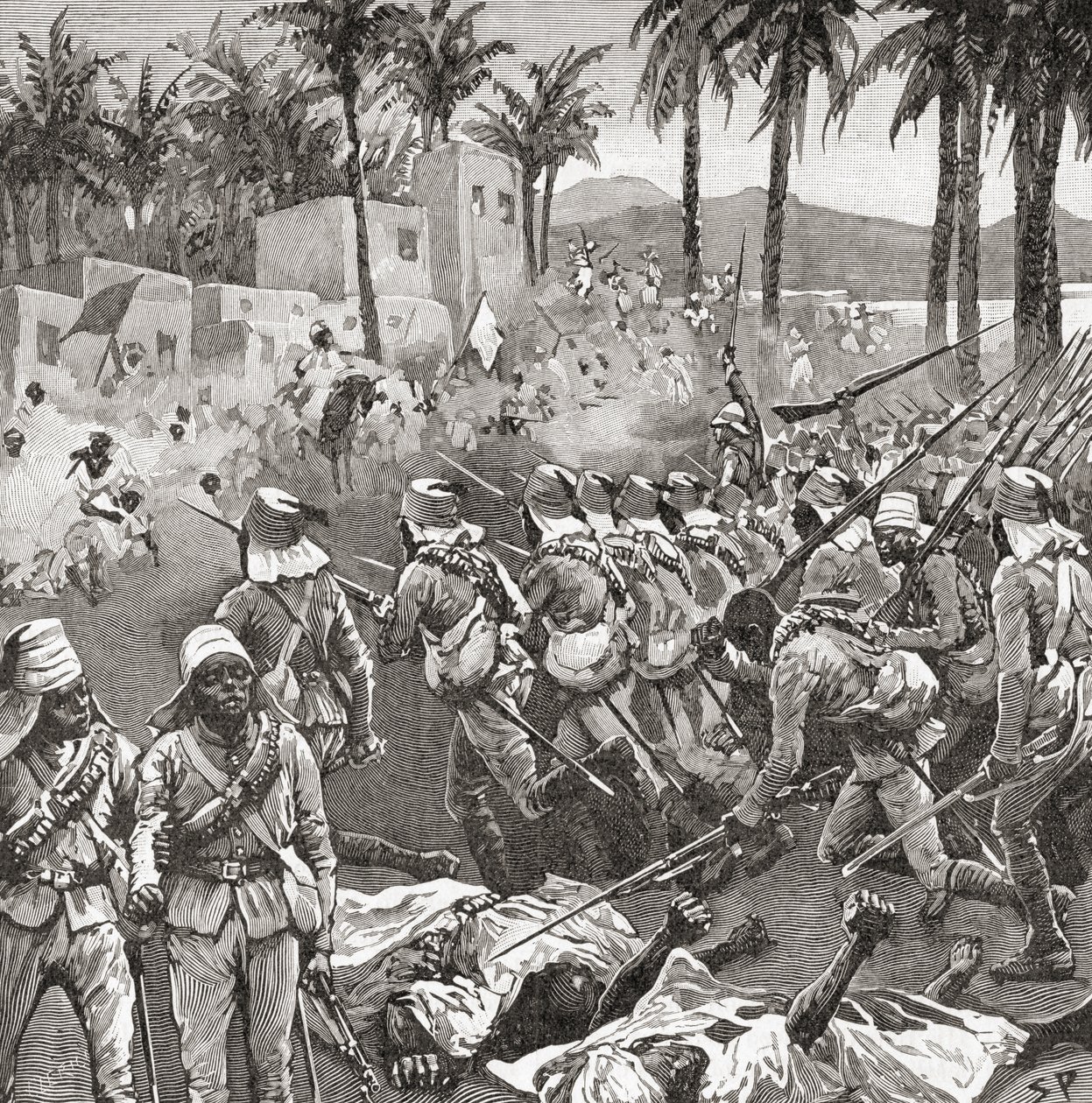 Anglo-egyptské jednotky zaútočily na vesnici Ferkeh v bitvě u Ferkehu nebo Firketu 7. června 1896 během mahdistické války. od Unbekannt