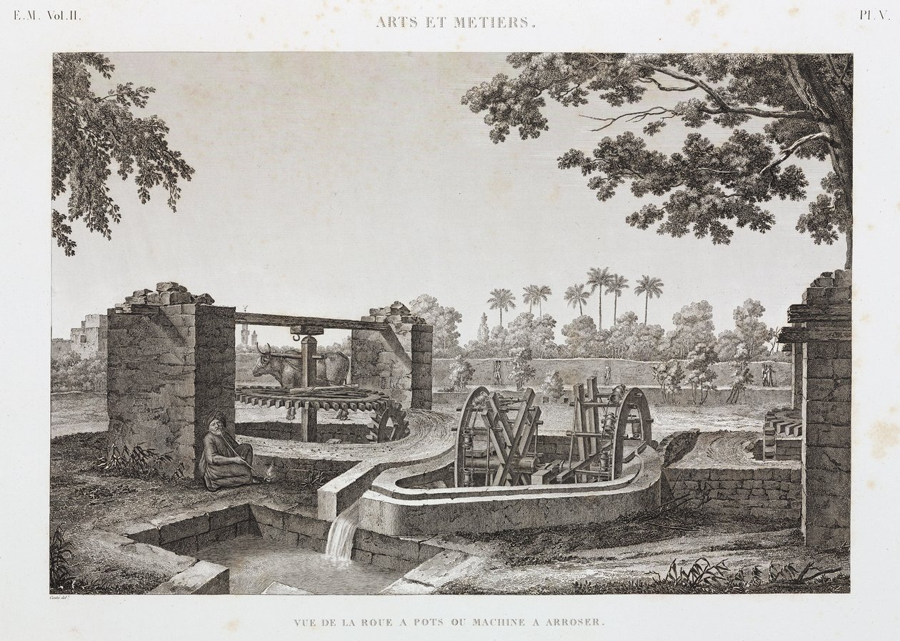 Animal Power Wheel a kbelíkový zavlažovací systém, Egypt, c 1798 od Unbekannt