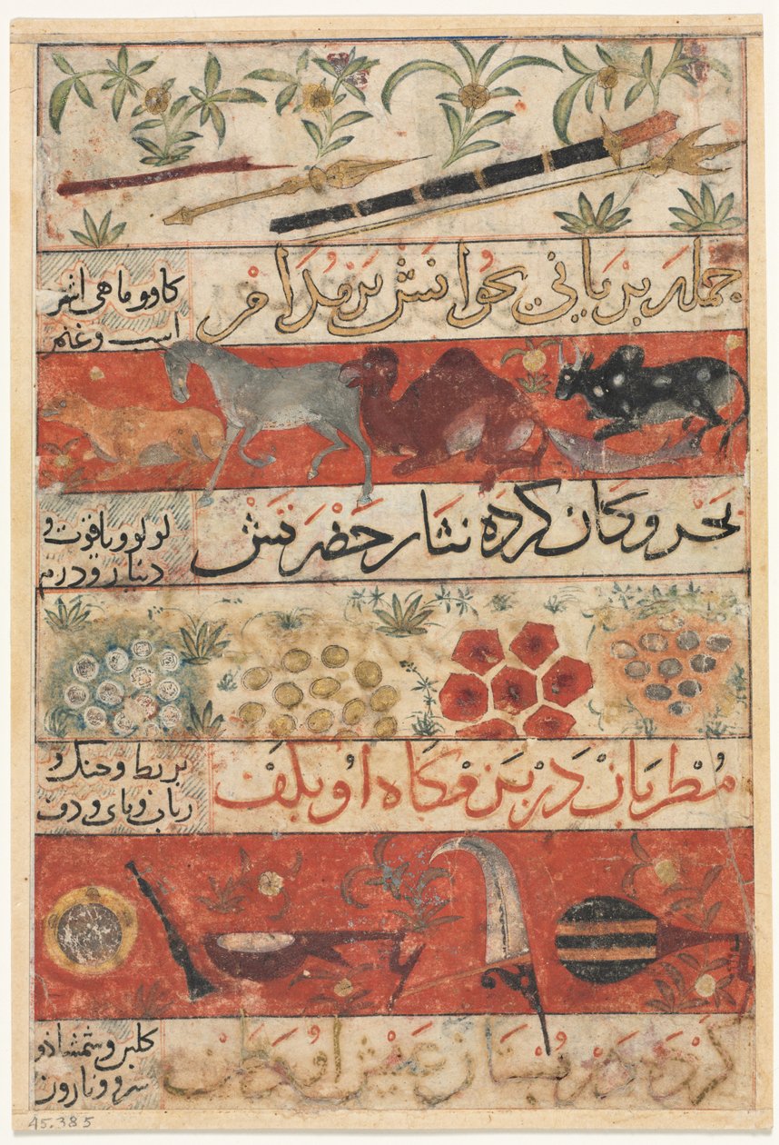 Zvířata, drahé kameny, mince a hudební nástroje recto..., c. 1341. od Unbekannt