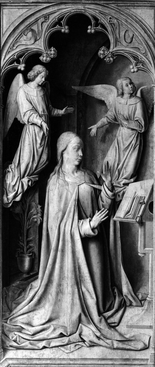 Annunciation Revers tryptického, levá část. Obraz Mistra z Moulins nebo Jean Hey (1450-1505) 15. století. Katedrála Notre Dame, Moulins (Allier) od Unbekannt