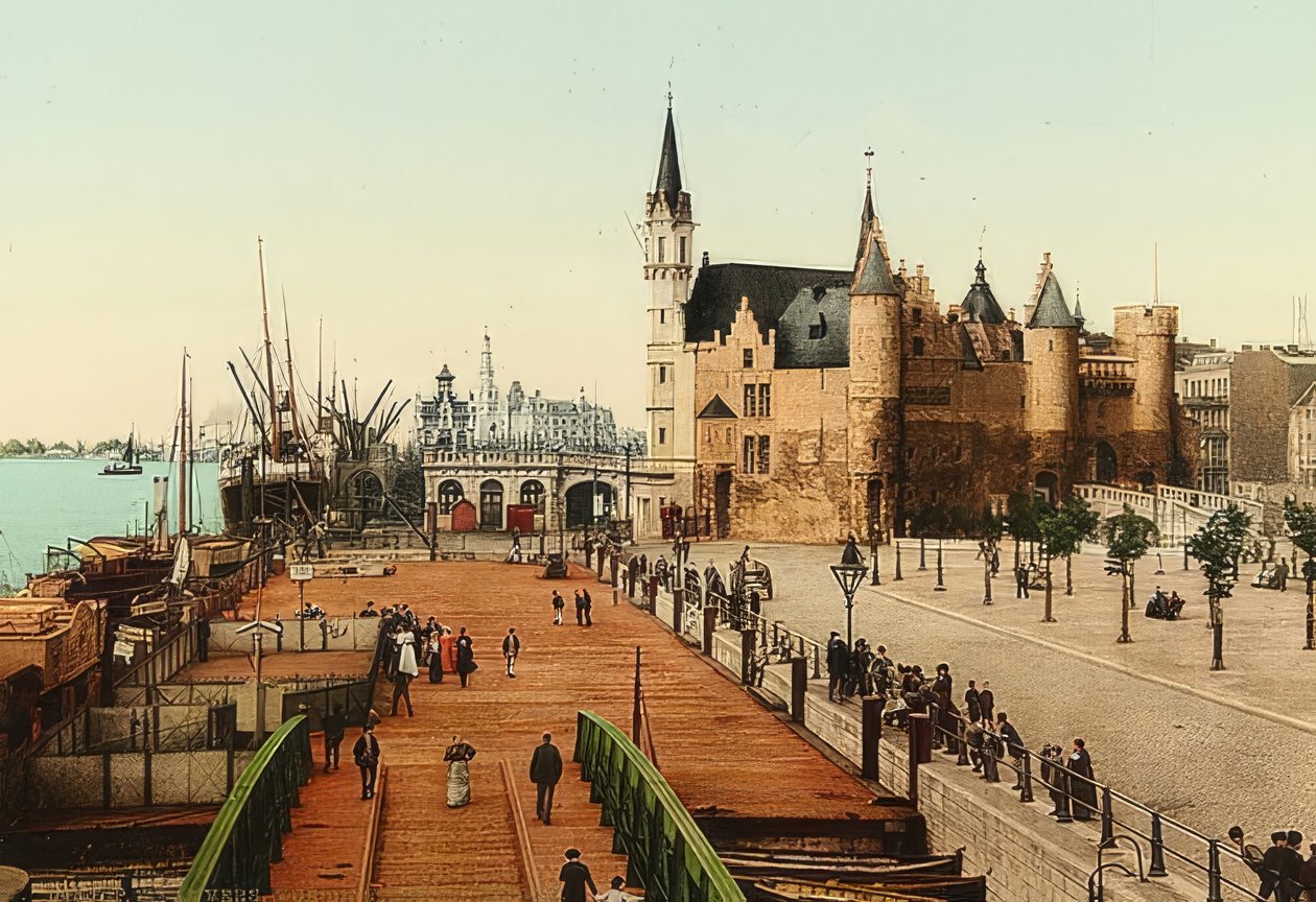 Antverpy (Anvers). Pohled přes starý hrad (Het Steen) do přístavu. Kolem roku 1900 od Unbekannt