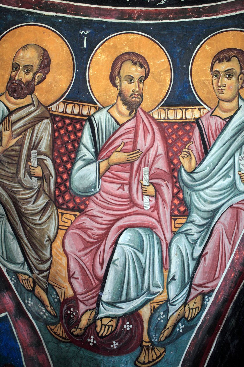Znázornění apoštolů kolem Krista a posledního soudu Detail byzantské fresky z narthexské klenby kostela Asinou Scéna posledního soudu 14. století (1332) UNESCO, světové kulturní dědictví region Troodos, Kypr od Unbekannt