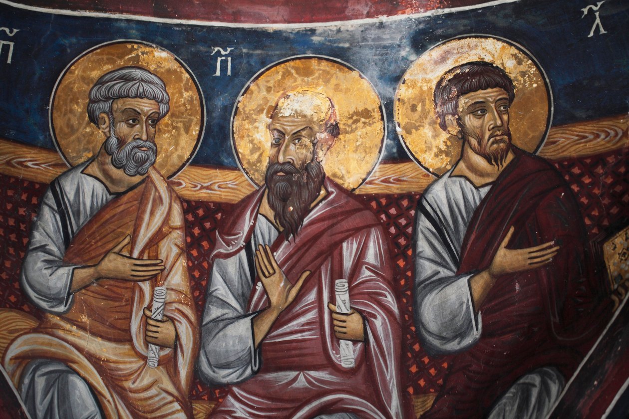 Znázornění apoštolů kolem Krista a posledního soudu Detail byzantské fresky z narthexské klenby kostela Asinou Scéna posledního soudu 14. století (1332) UNESCO, světové kulturní dědictví region Troodos, Kypr od Unbekannt