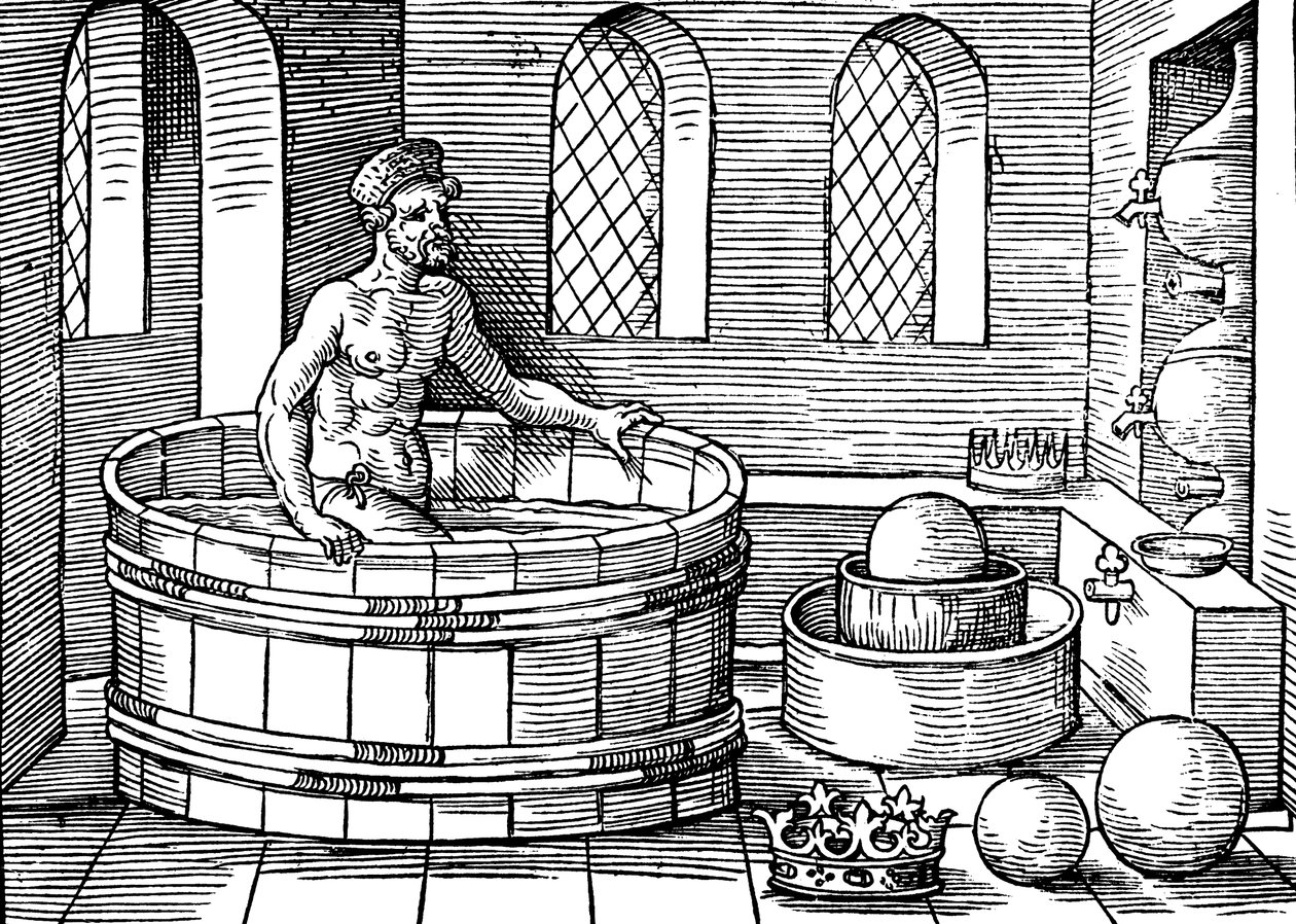 Archimedes c287-212 př.nl, starověký řecký matematik a vynálezce, ve své lázni od Unbekannt
