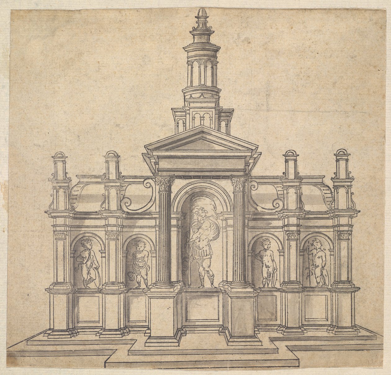 Architektonicky tvarovaný svatostánek se světcem a čtyřmi Putti, ca. 1530-49. od Unbekannt