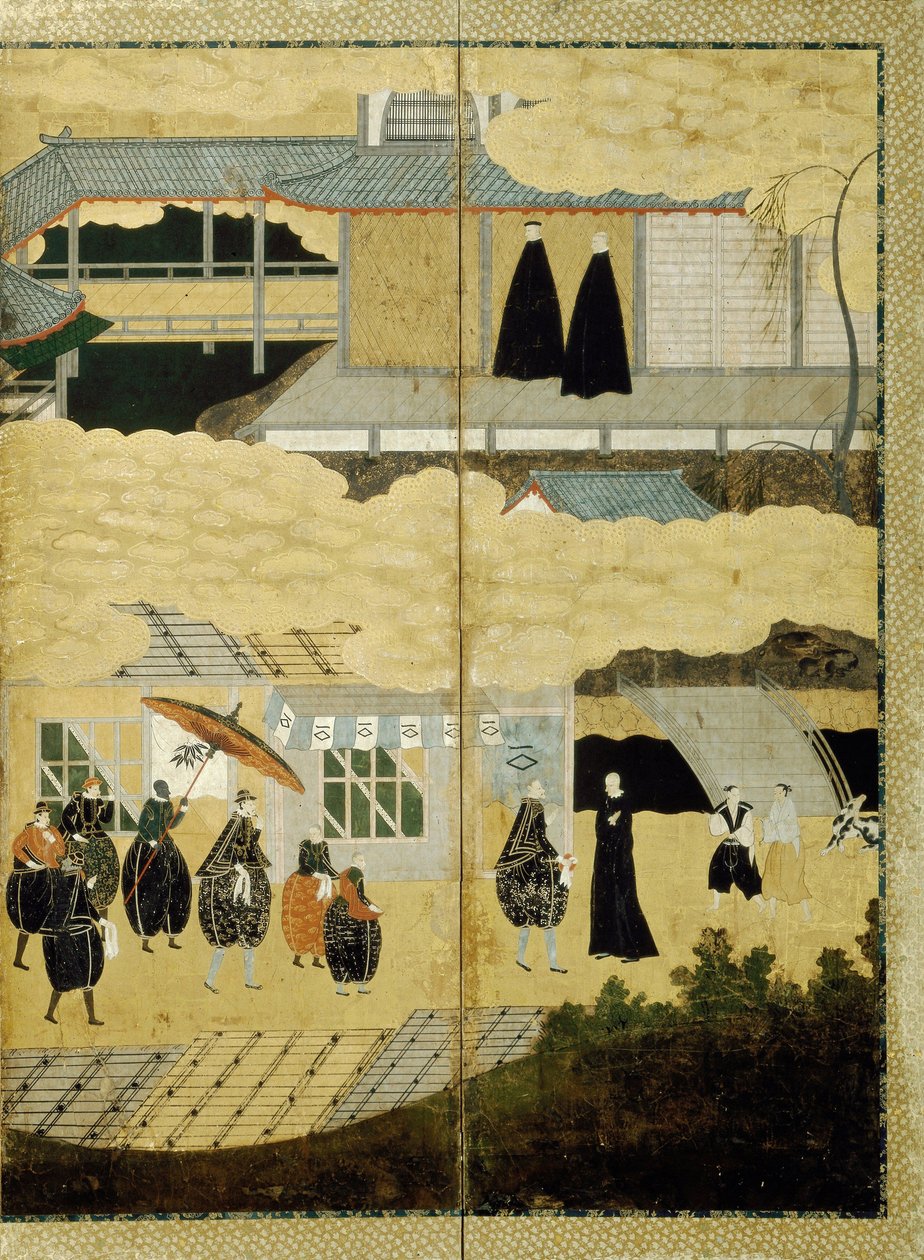 Příjezd portugalské lodi. Obrazovka Nanban. Detail: Japonští křesťané, ca. 1600 od Unbekannt